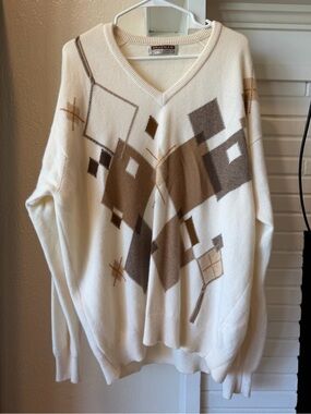 Braemar Scotland 100% Cashmere Argyle V-Neck Sweater Cream Beige Size 48